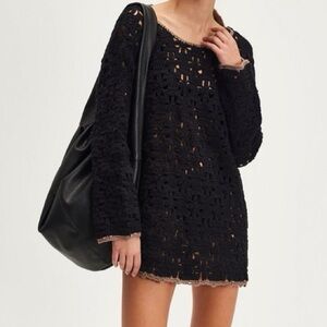 Free People Rue Crochet Tunic - Black Long Sleeve Open Knit Top